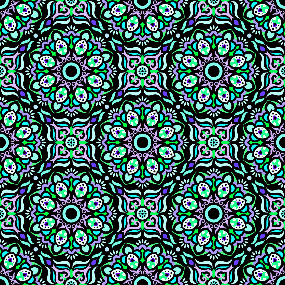 Turquoise - Purple - Green Mandala Fabric - 186