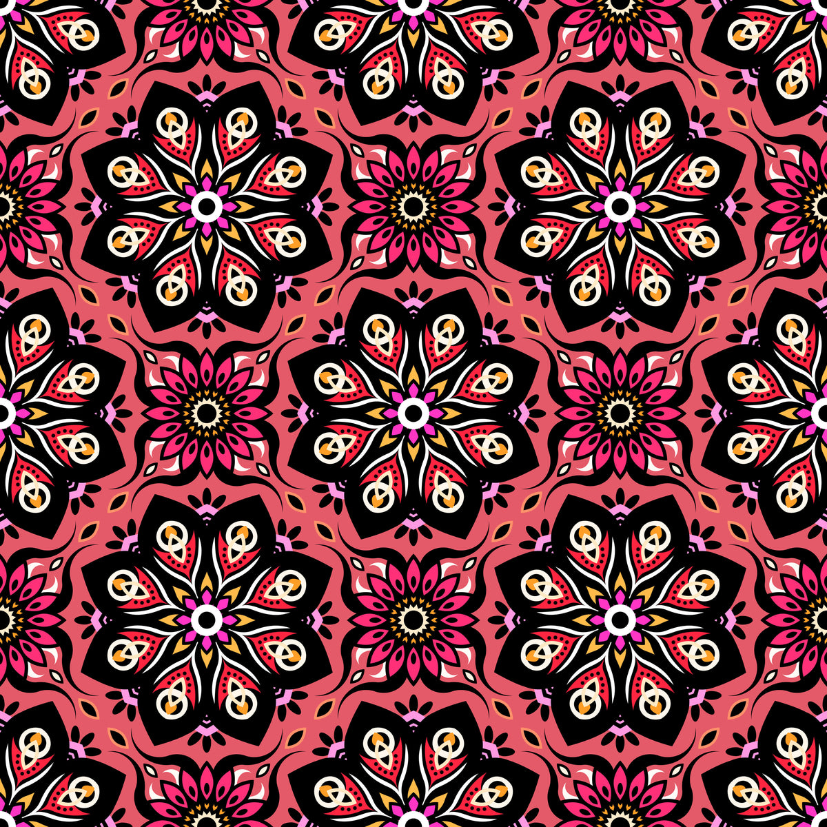 Coral - Pink - Yellow Mandala Fabric - 236