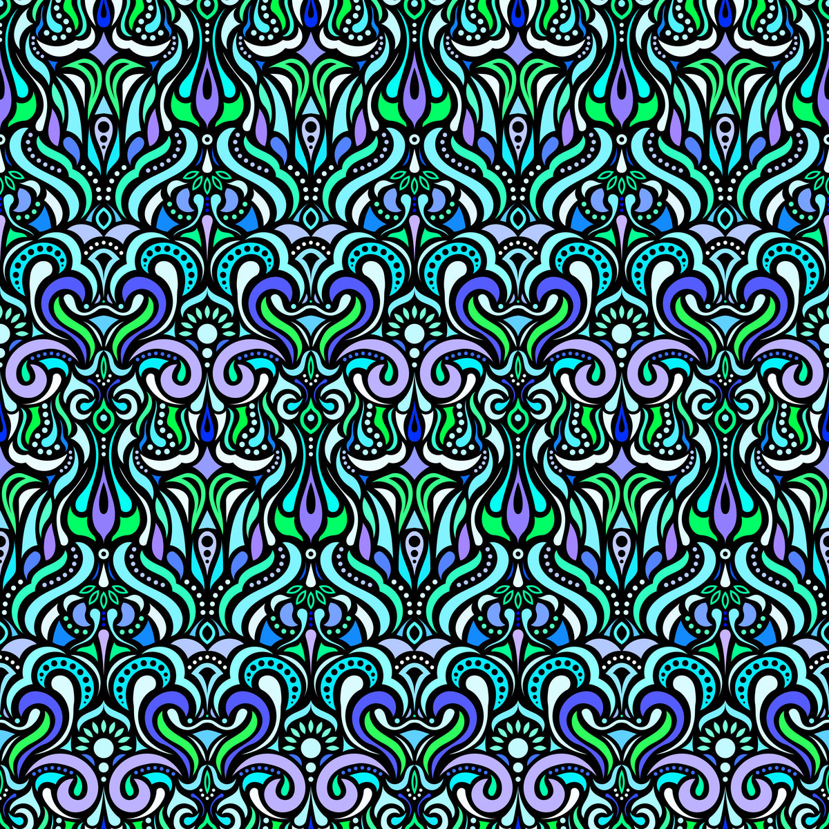Turquoise - Green - Blue Abstract Doodle Fabric 1012