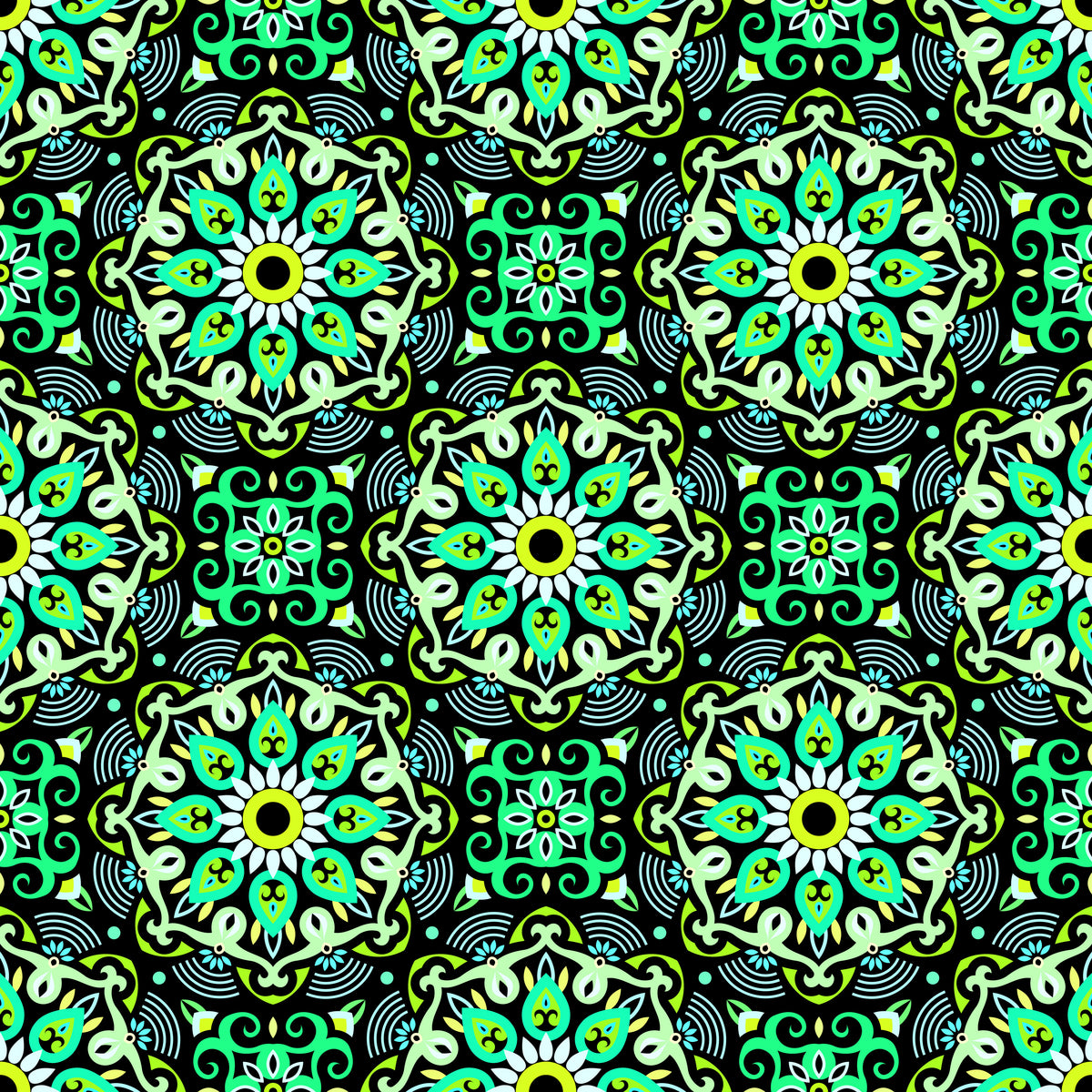 Turquoise - Green - Yellow Mandala Fabric - 140