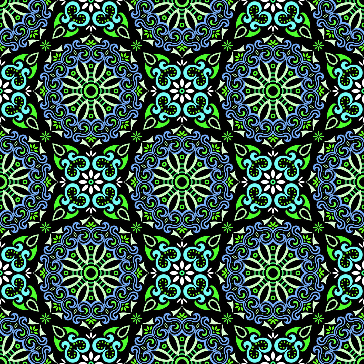 Blue - Green - Turquoise Mandala Fabric - 166