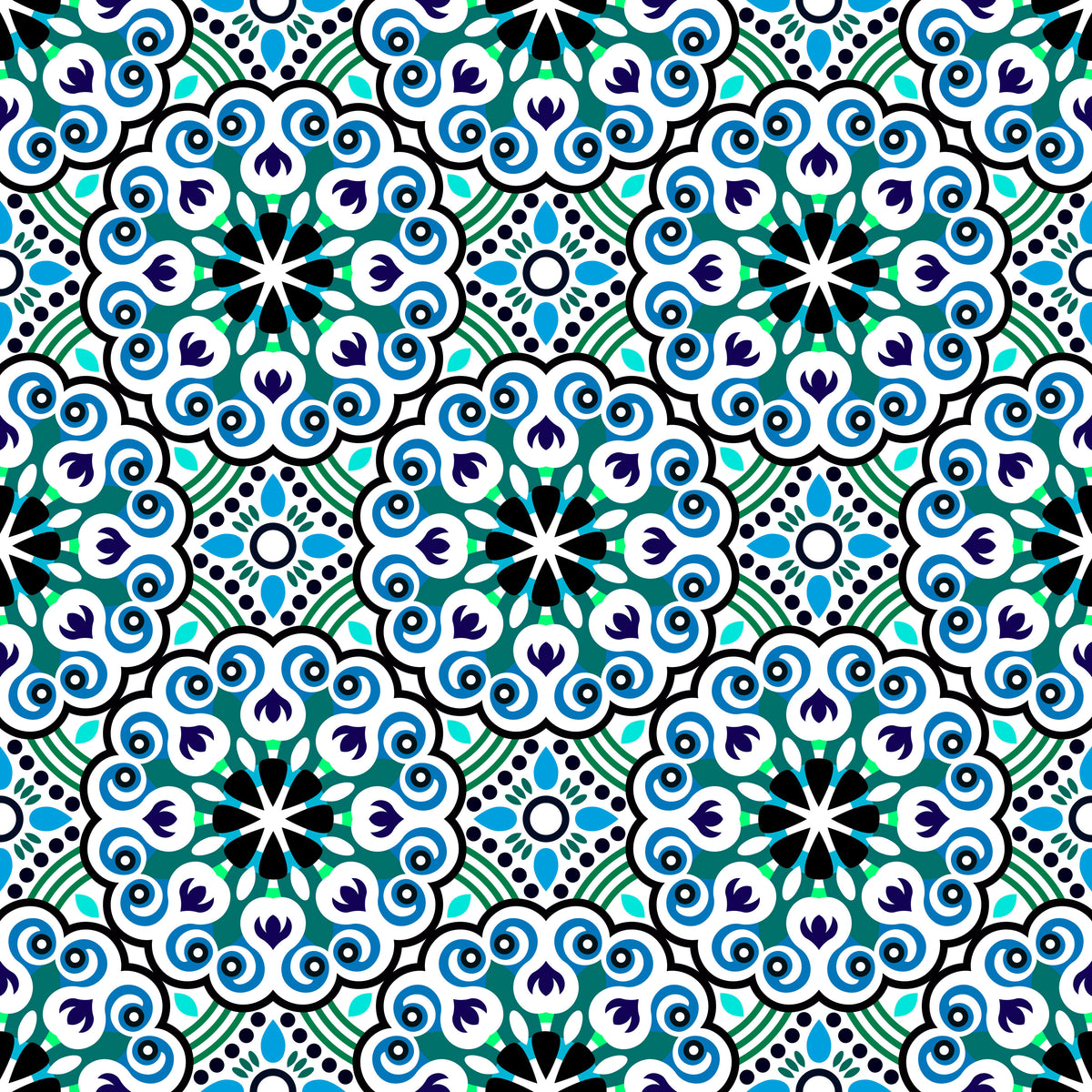 Turquoise - Blue - Green Mandala Fabric - 132i