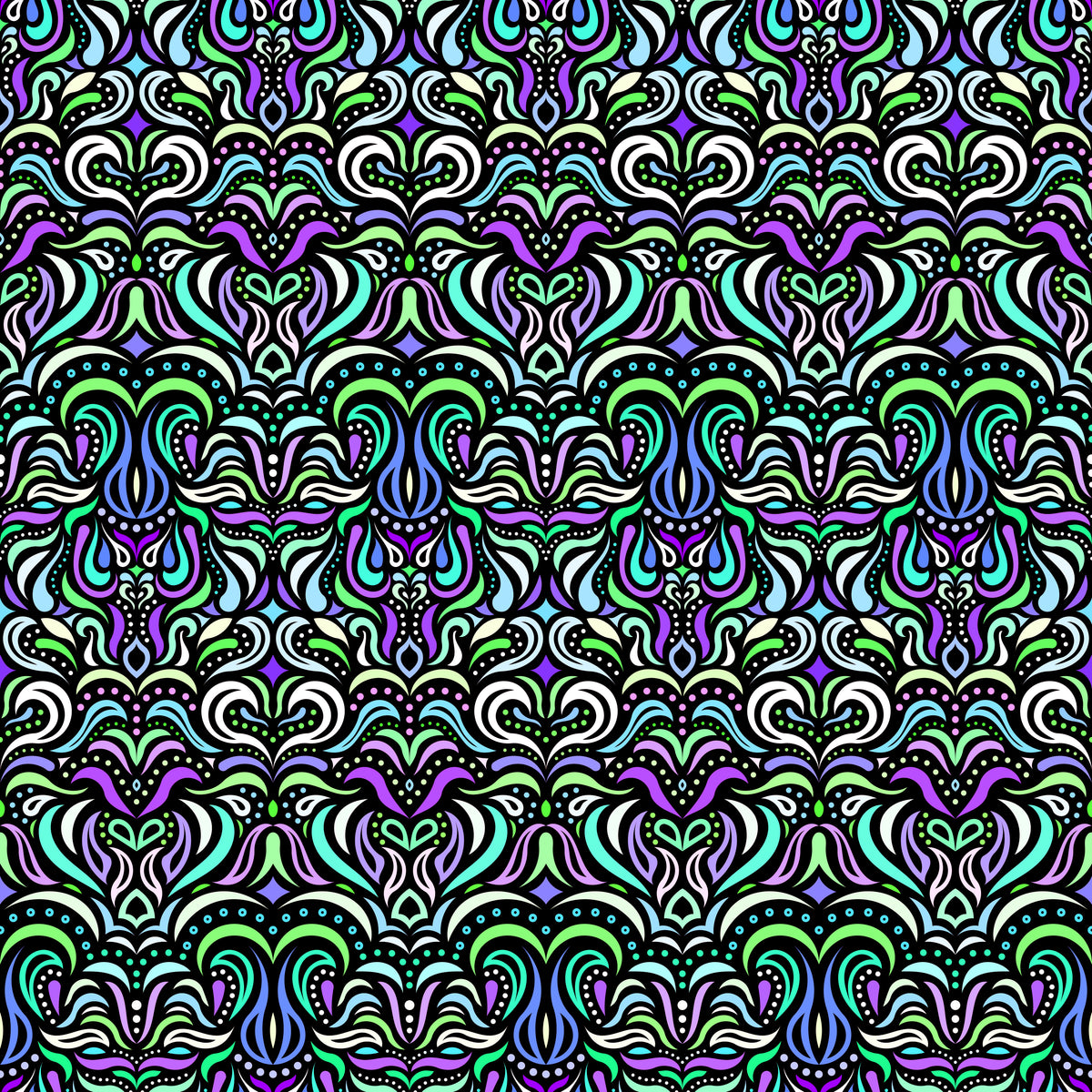 Green - Turquoise - Purple - Blue Abstract Doodle Fabric 1013.2