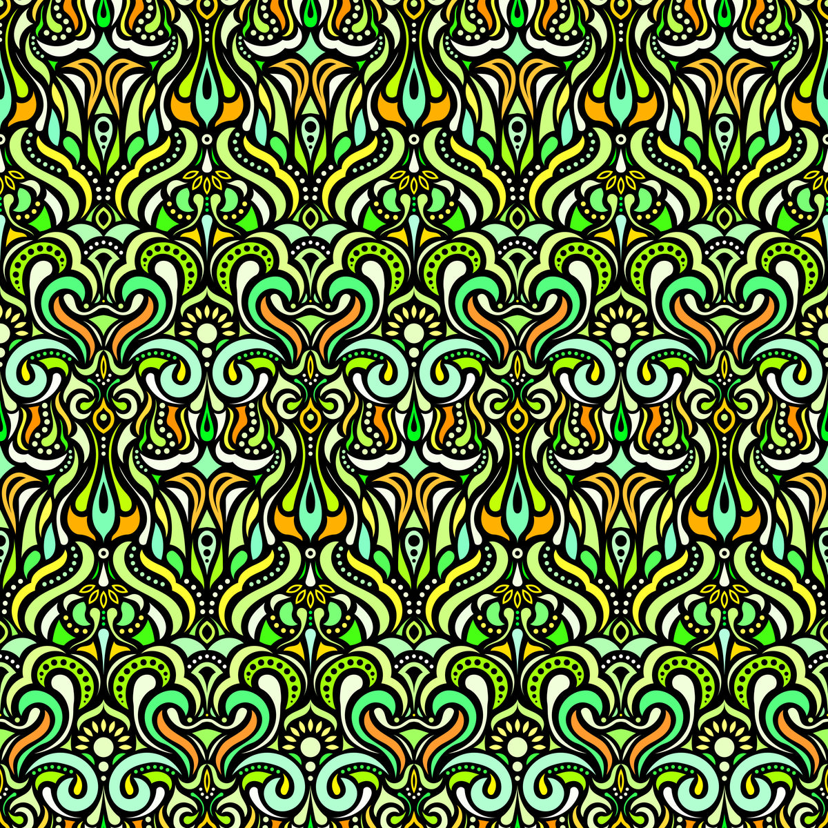 Green - Yellow - Turquoise Abstract Doodle Fabric 1012