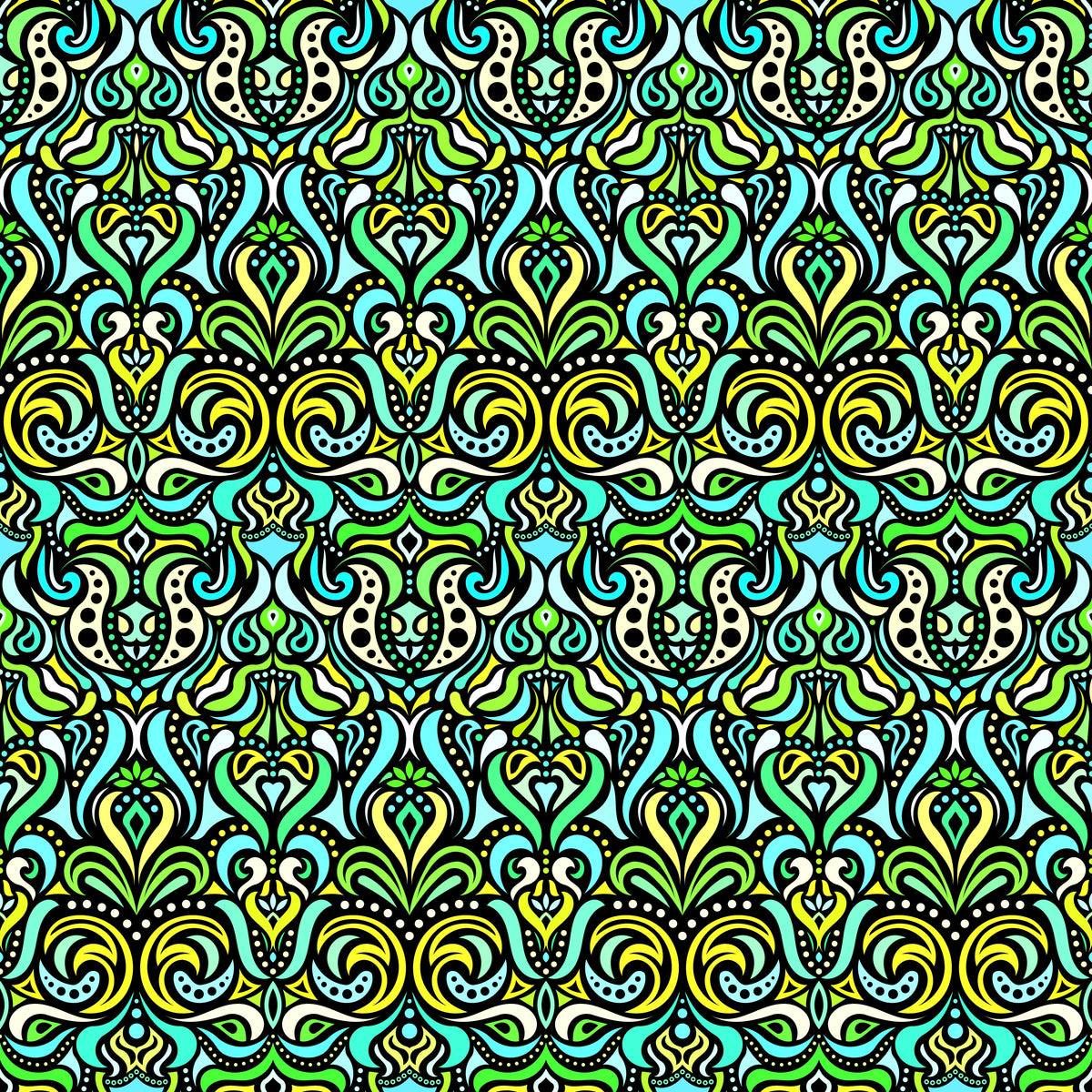 Turquoise - Green - Yellow Abstract Doodle Fabric 1011.4