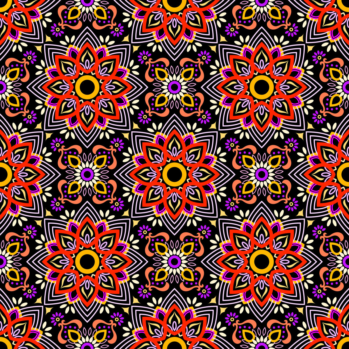 Red - Purple - Yellow Mandala Fabric - 145