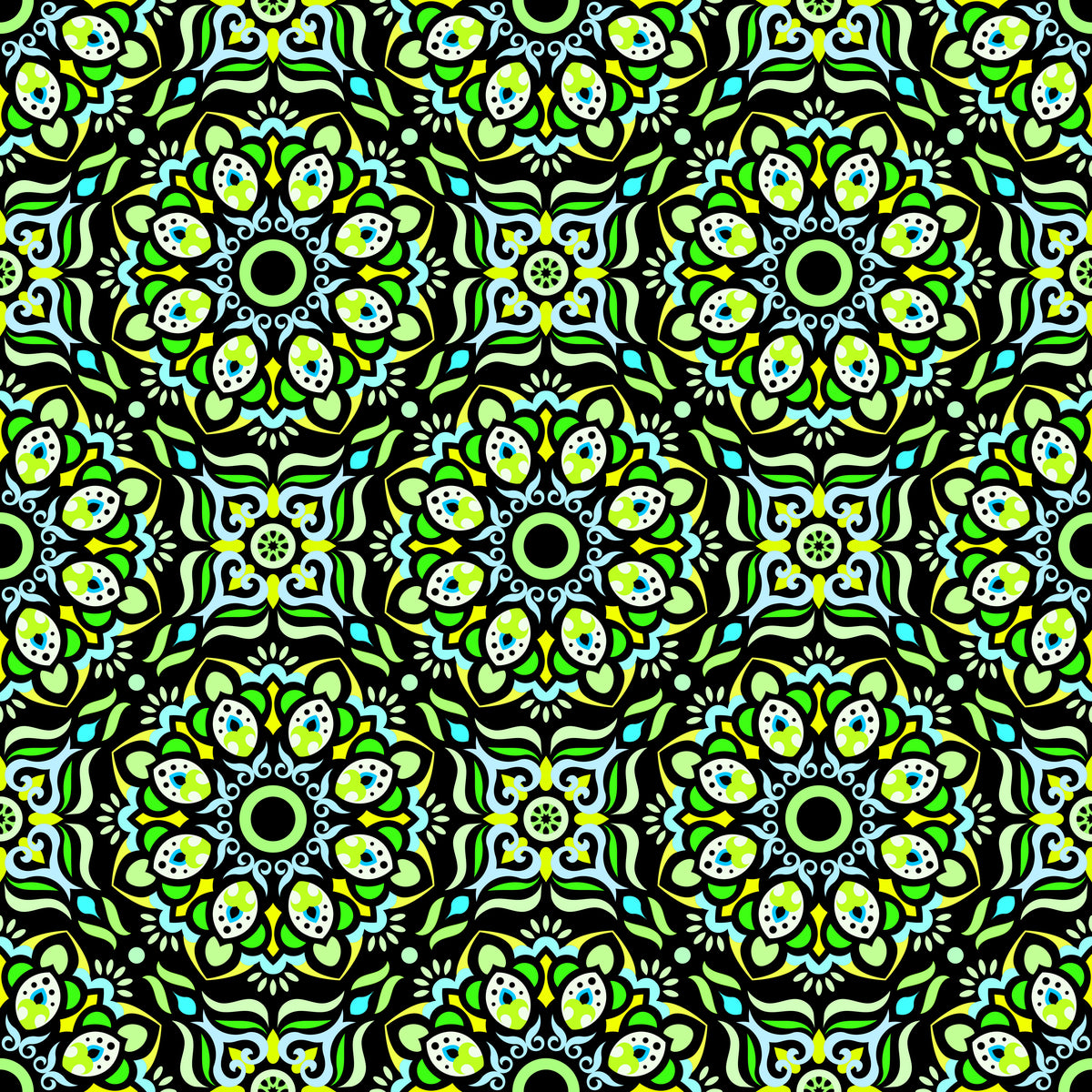 Green - Turquoise - Yellow Mandala Fabric - 186