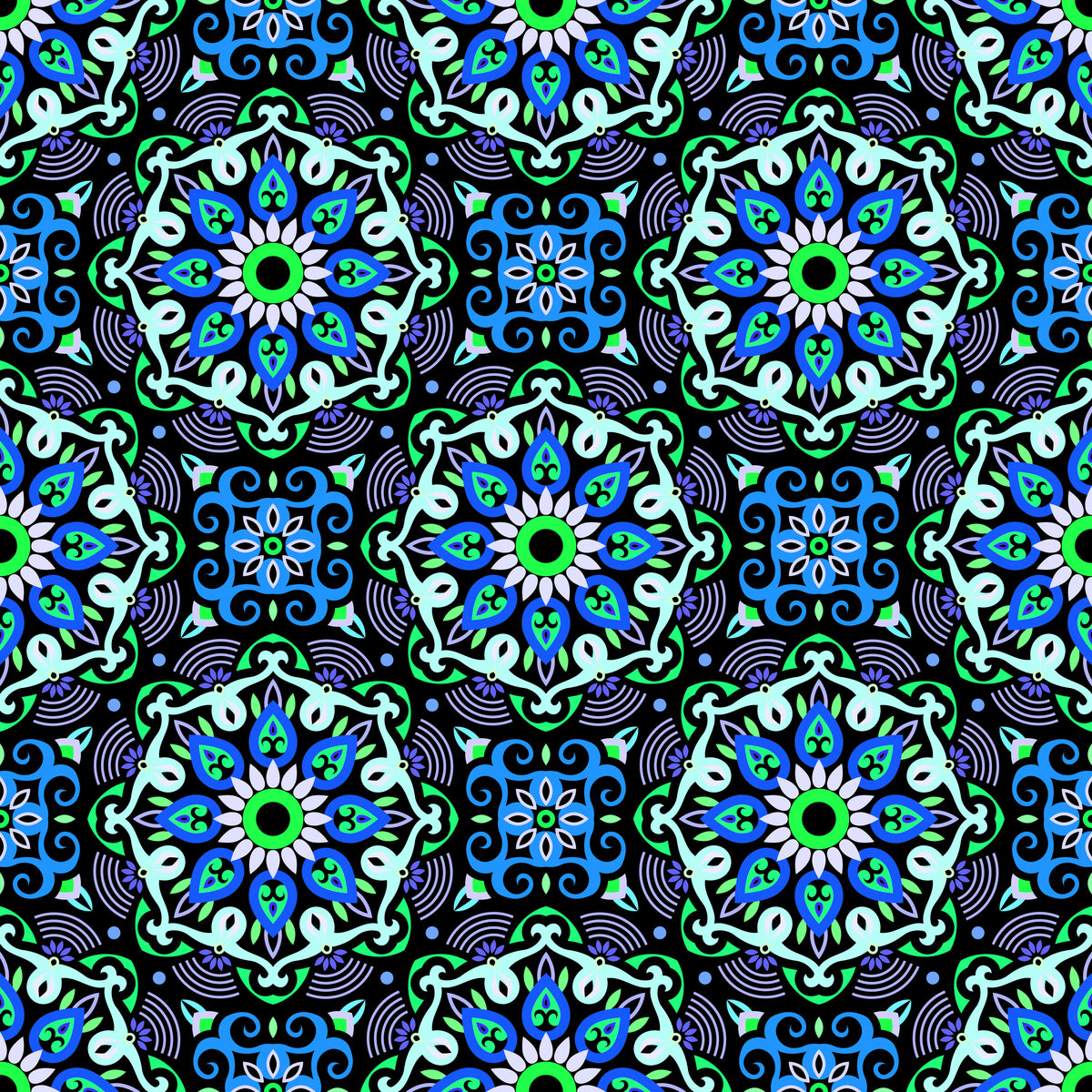 Turquoise - Blue - Green Mandala Fabric - 140