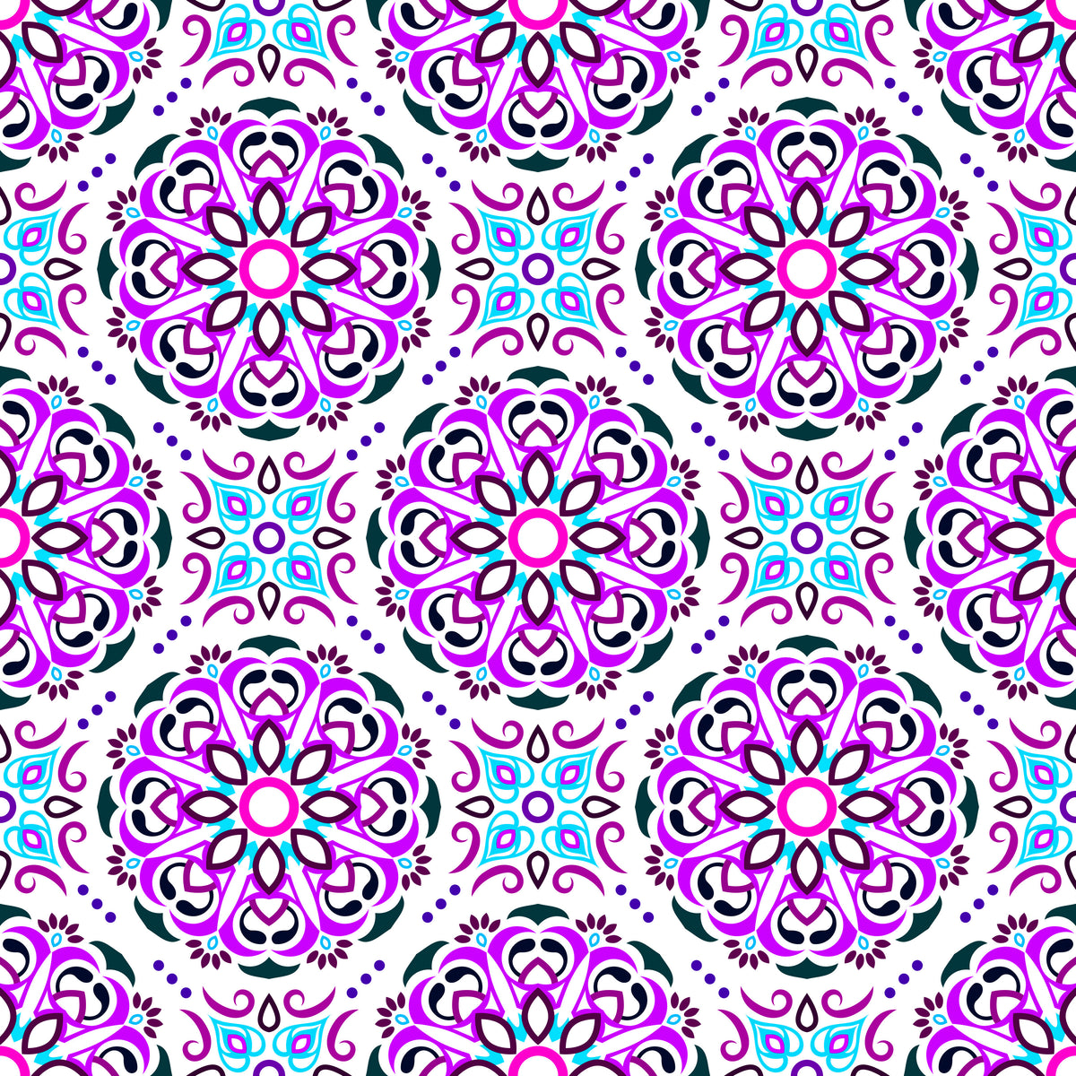 Purple - Turquoise - Pink Mandala Fabric - 160i