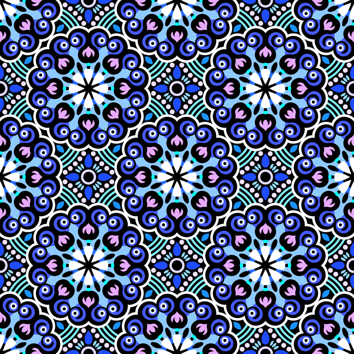 Blue - Purple - Turquoise Mandala Fabric - 132