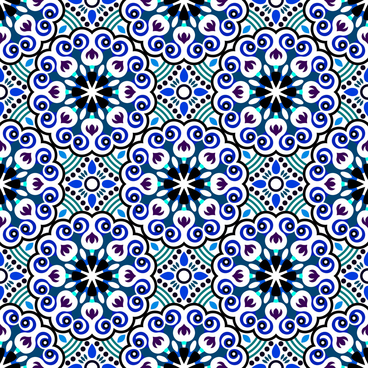 Blue - Purple - Turquoise Mandala Fabric - 132i