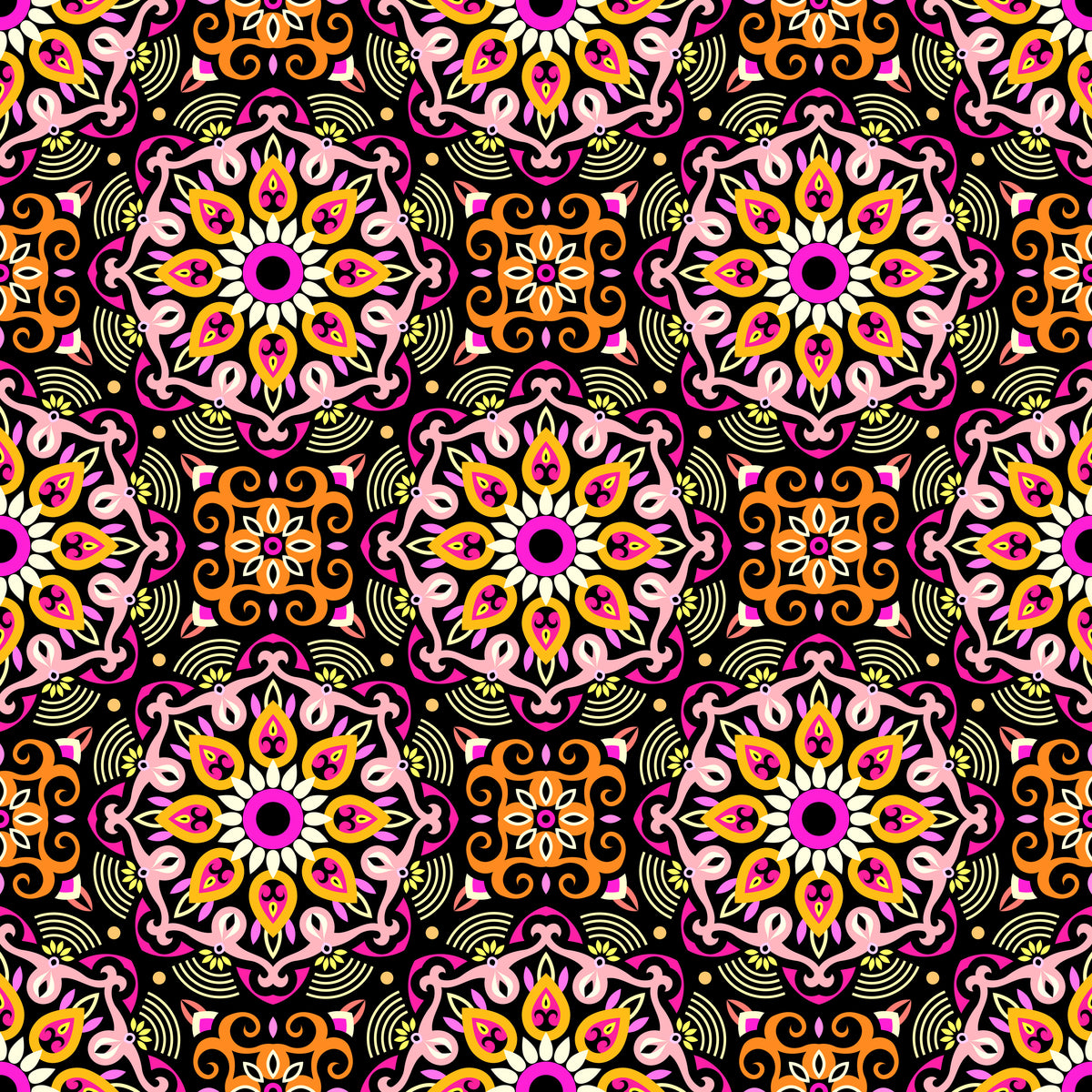 Orange - Pink - Yellow Mandala Fabric - 140