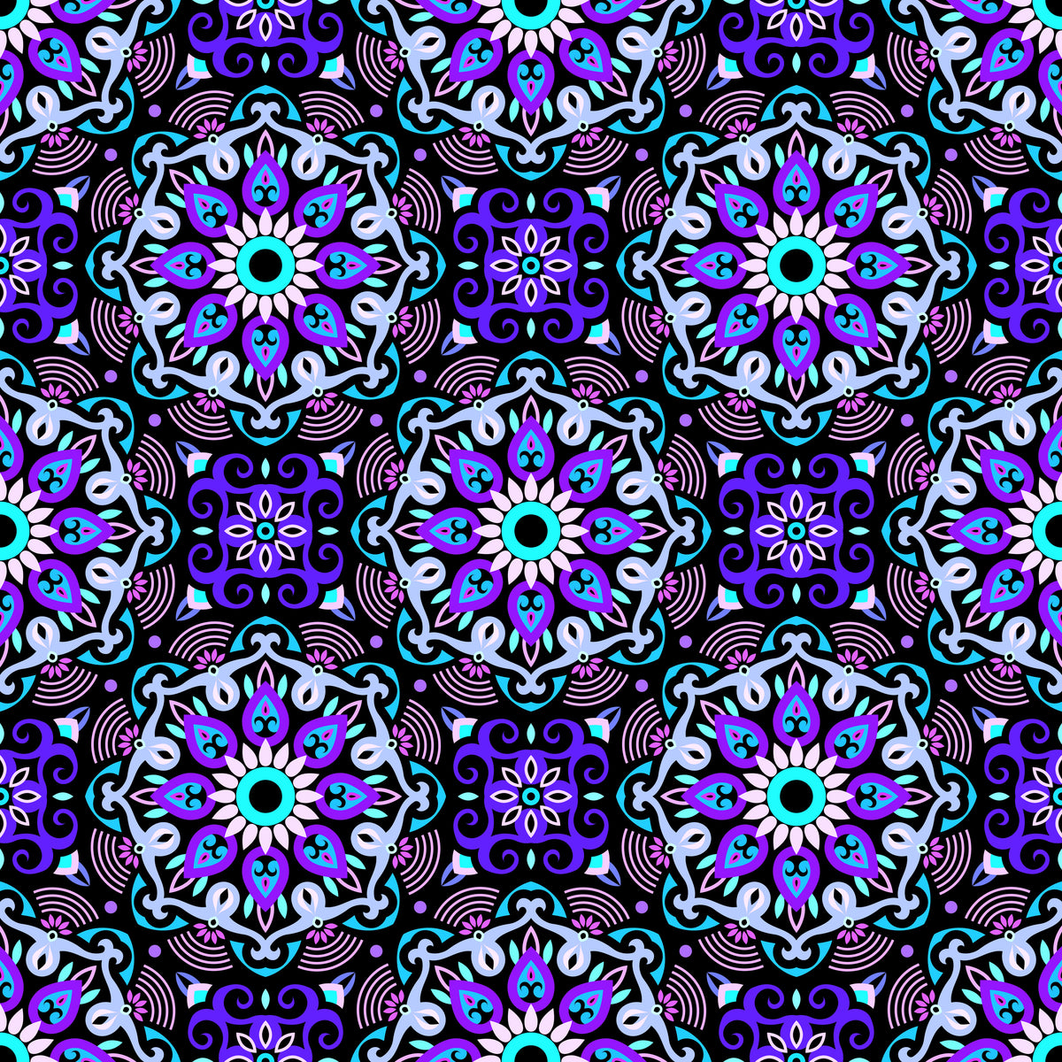 Blue - Purple - Turquoise Mandala Fabric - 140
