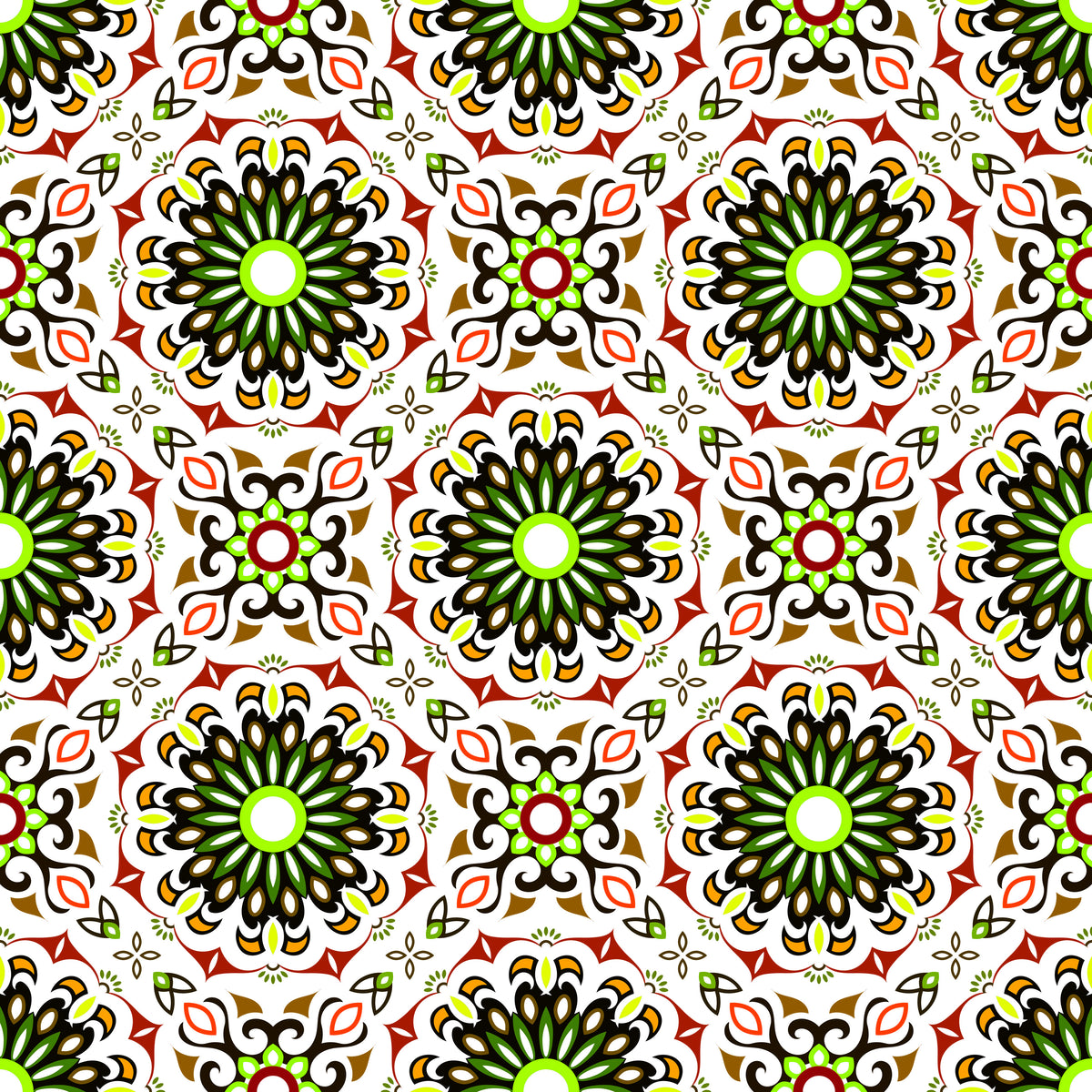 Green - Red - Brown Mandala Fabric - 198i