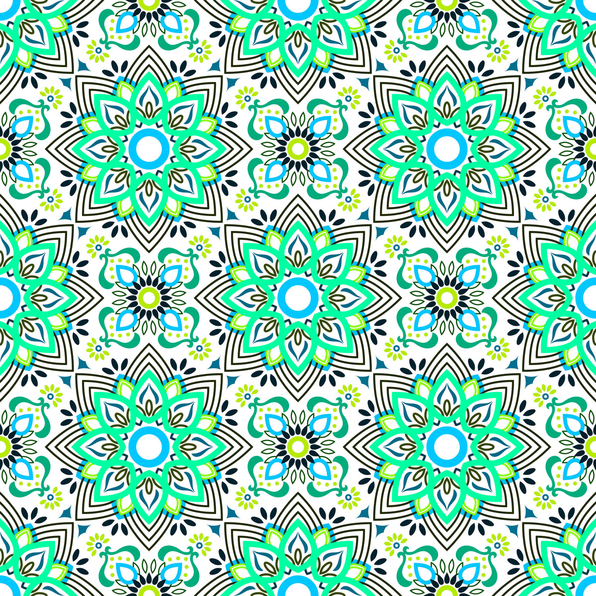 Turquoise - Blue - Green Mandala Fabric - 145i