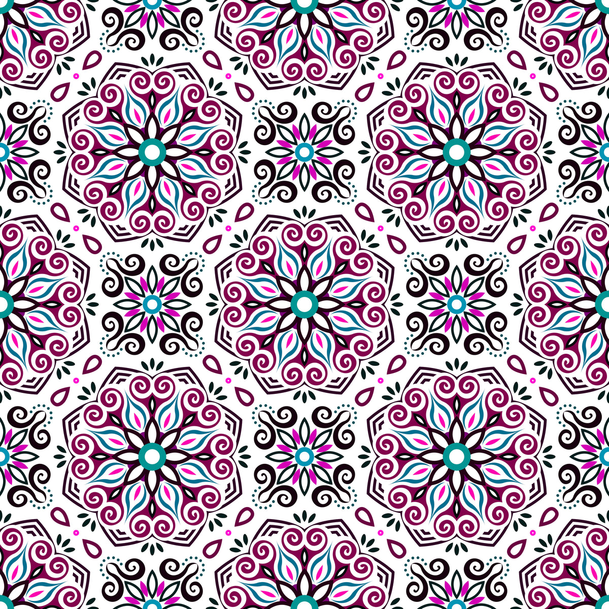 Maroon - Turquoise - Pink Mandala Fabric - 203i