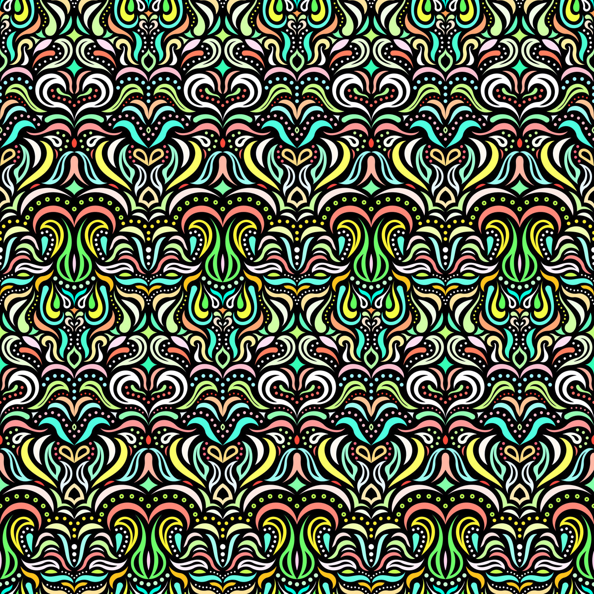 Turquoise - Orange - Green - Yellow Abstract Doodle Fabric 1013.2