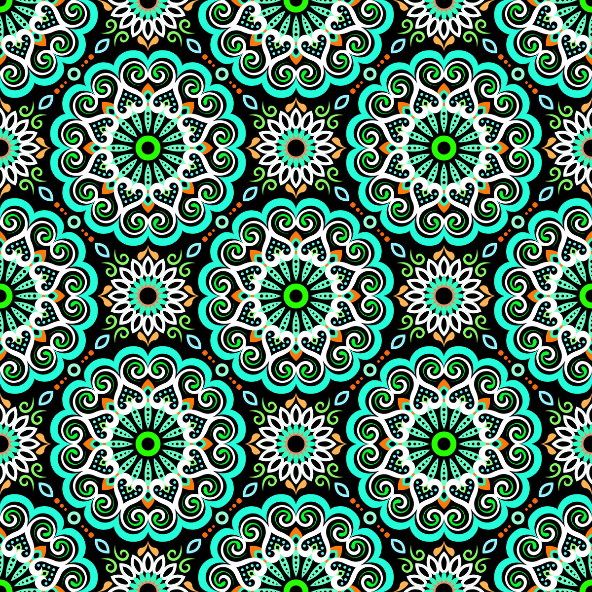 Turquoise - Orange - Green Mandala Fabric - 179