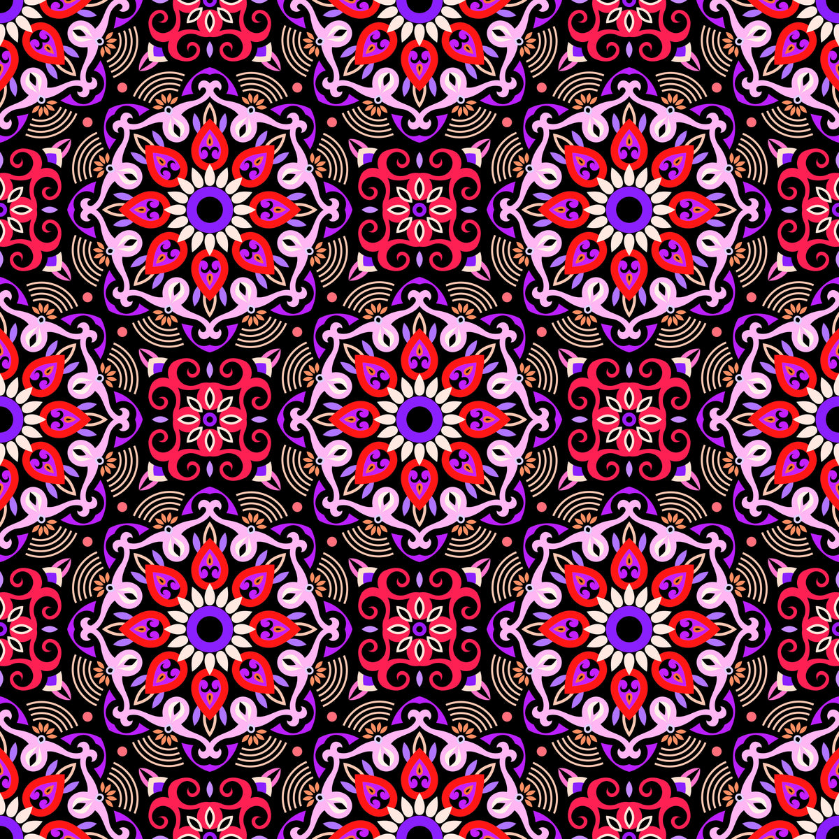 Purple - Red - Orange Mandala Fabric - 140