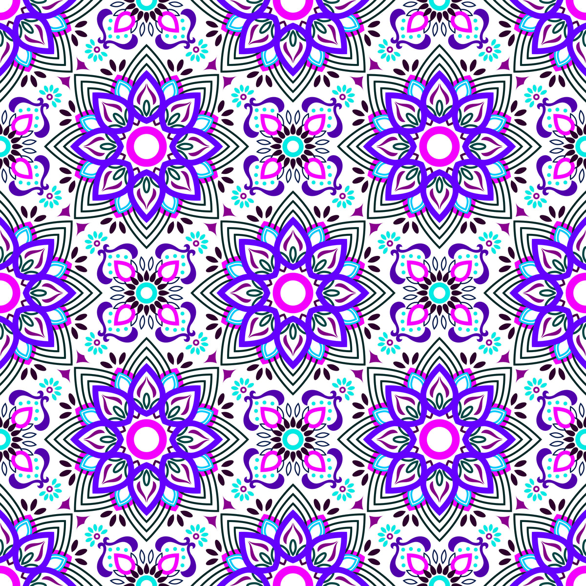Purple - Turquoise - Pink Mandala Fabric - 145i