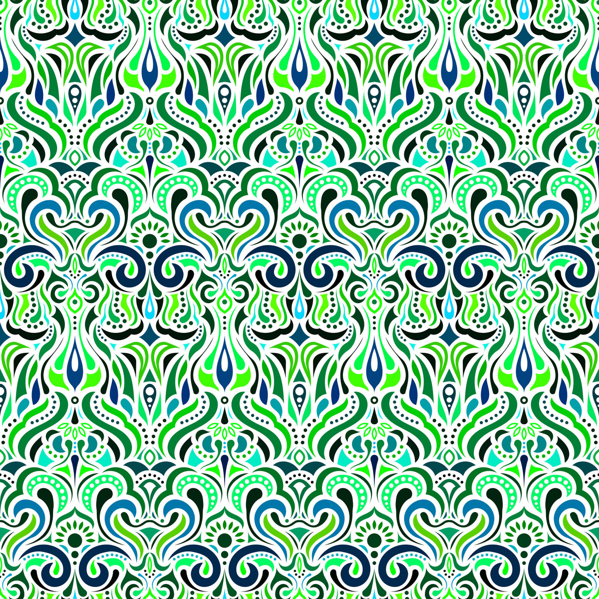Green - Turquoise - Blue Abstract Doodle Fabric 1012i