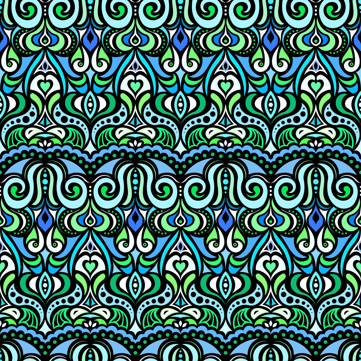 Turquoise - Green - Blue Abstract Doodle Fabric 1010.2