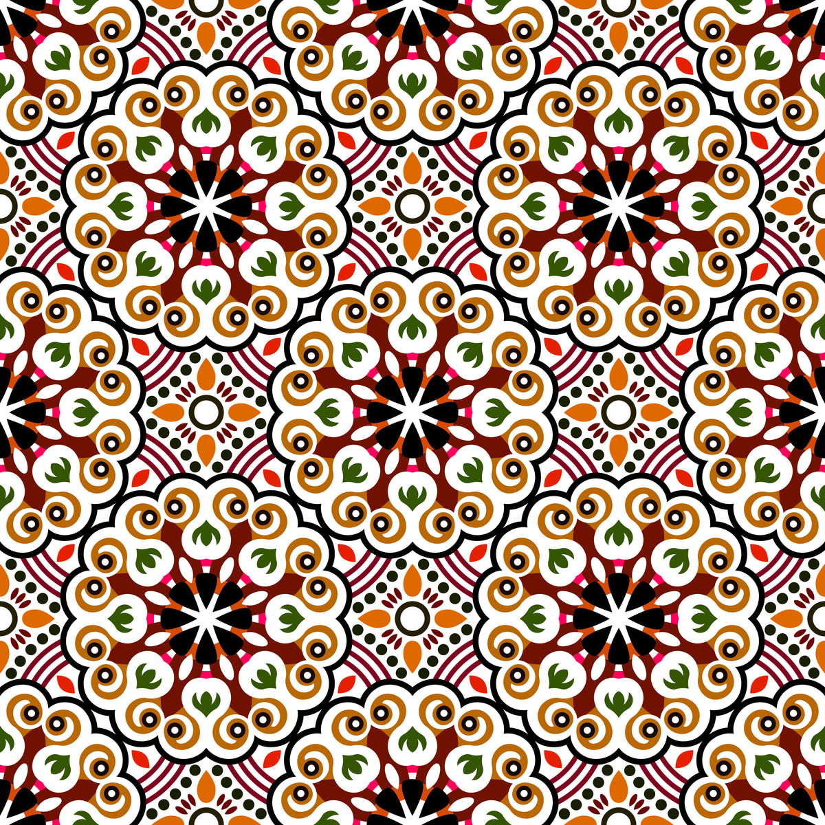 Brown - Orange - Green Mandala Fabric - 132i