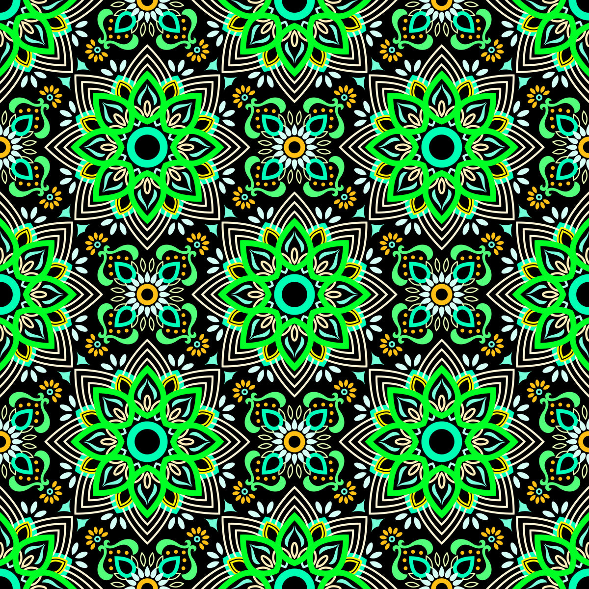 Green - Yellow - Turquoise Mandala Fabric - 145