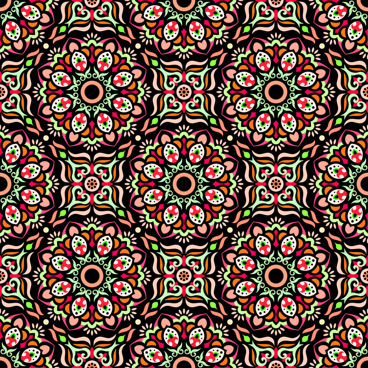 Orange - Green - Red Mandala Fabric - 186