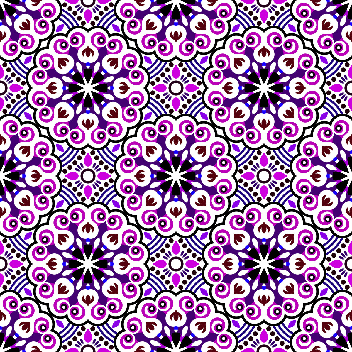 Purple - Blue - Burgundy Mandala Fabric - 132i