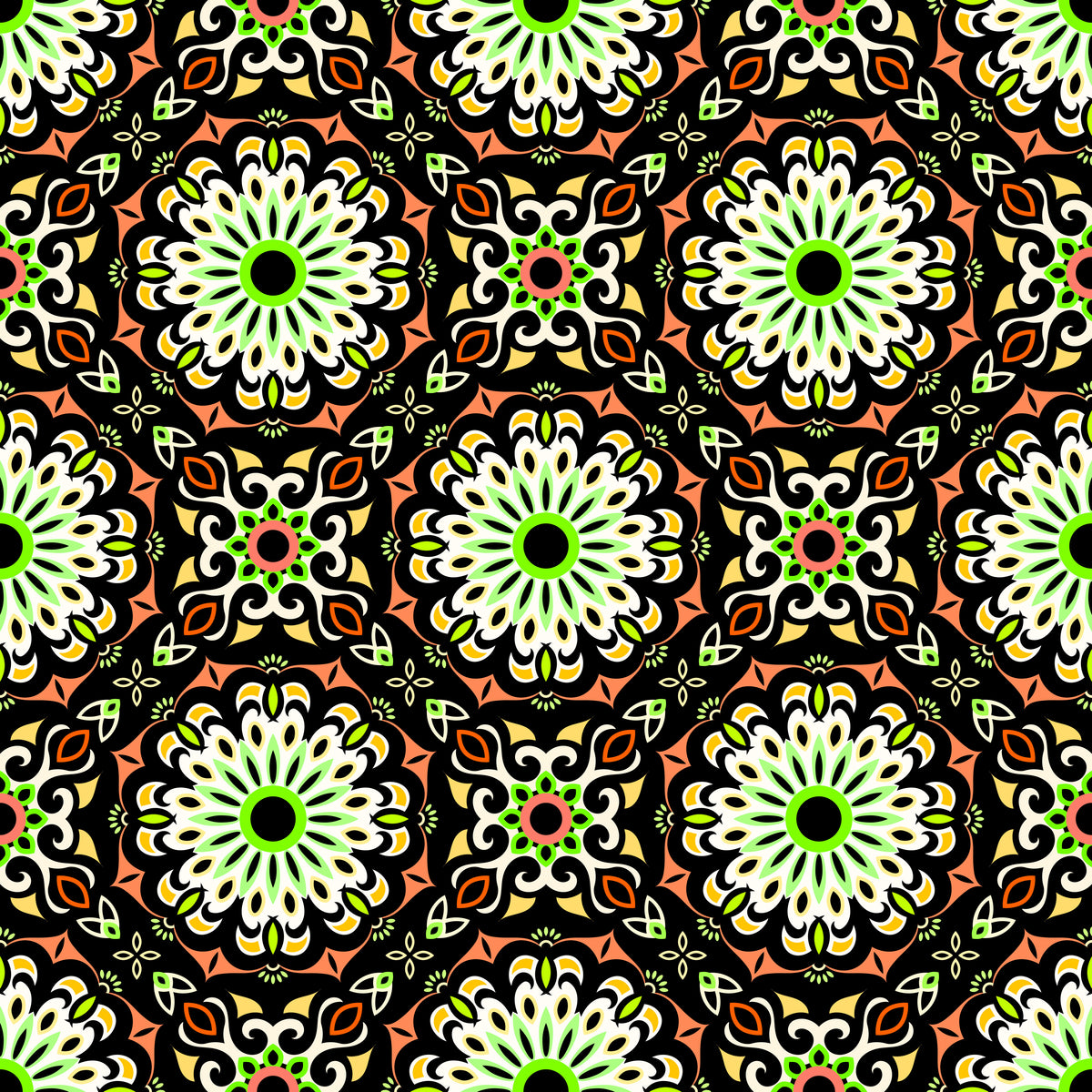 Orange - Green - Yellow Mandala Fabric - 198