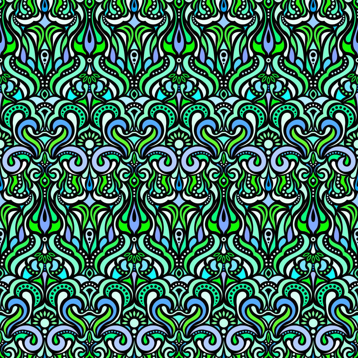 Turquoise - Green - Blue Abstract Doodle Fabric 1012