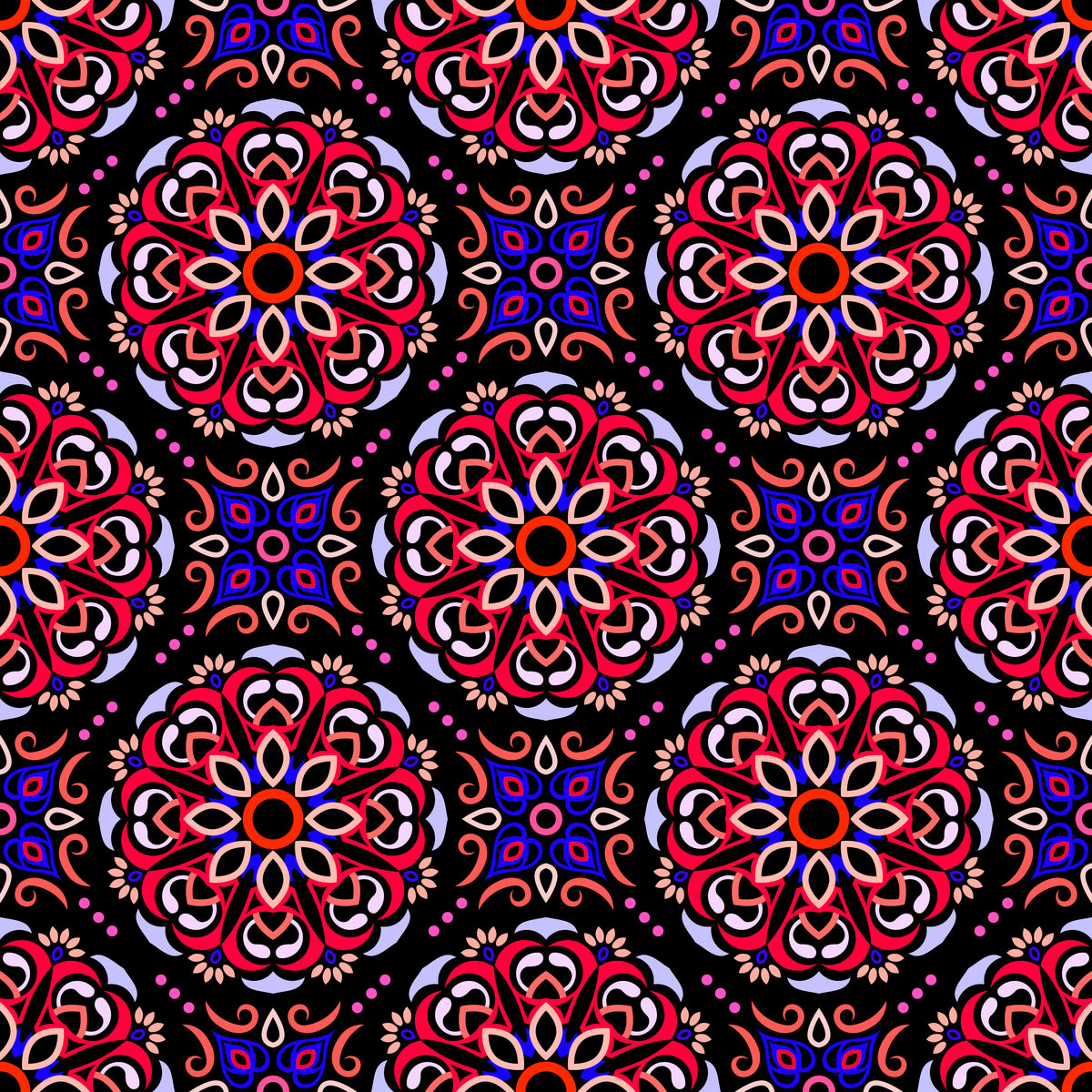 Red - Blue - Pink Mandala Fabric - 160