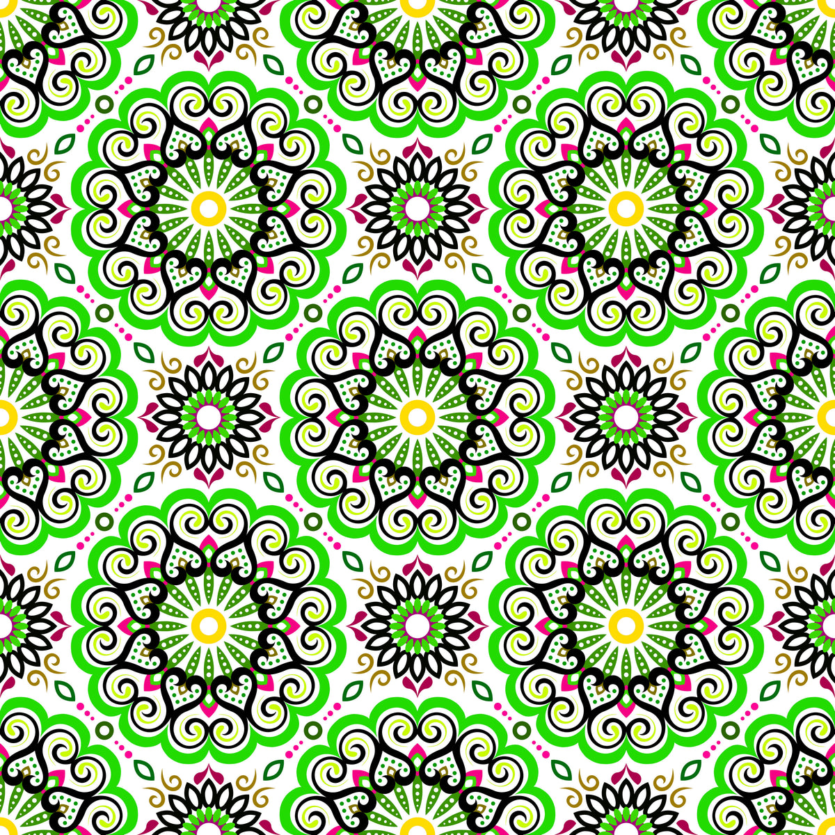 Green - Pink - Yellow Mandala Fabric - 179i