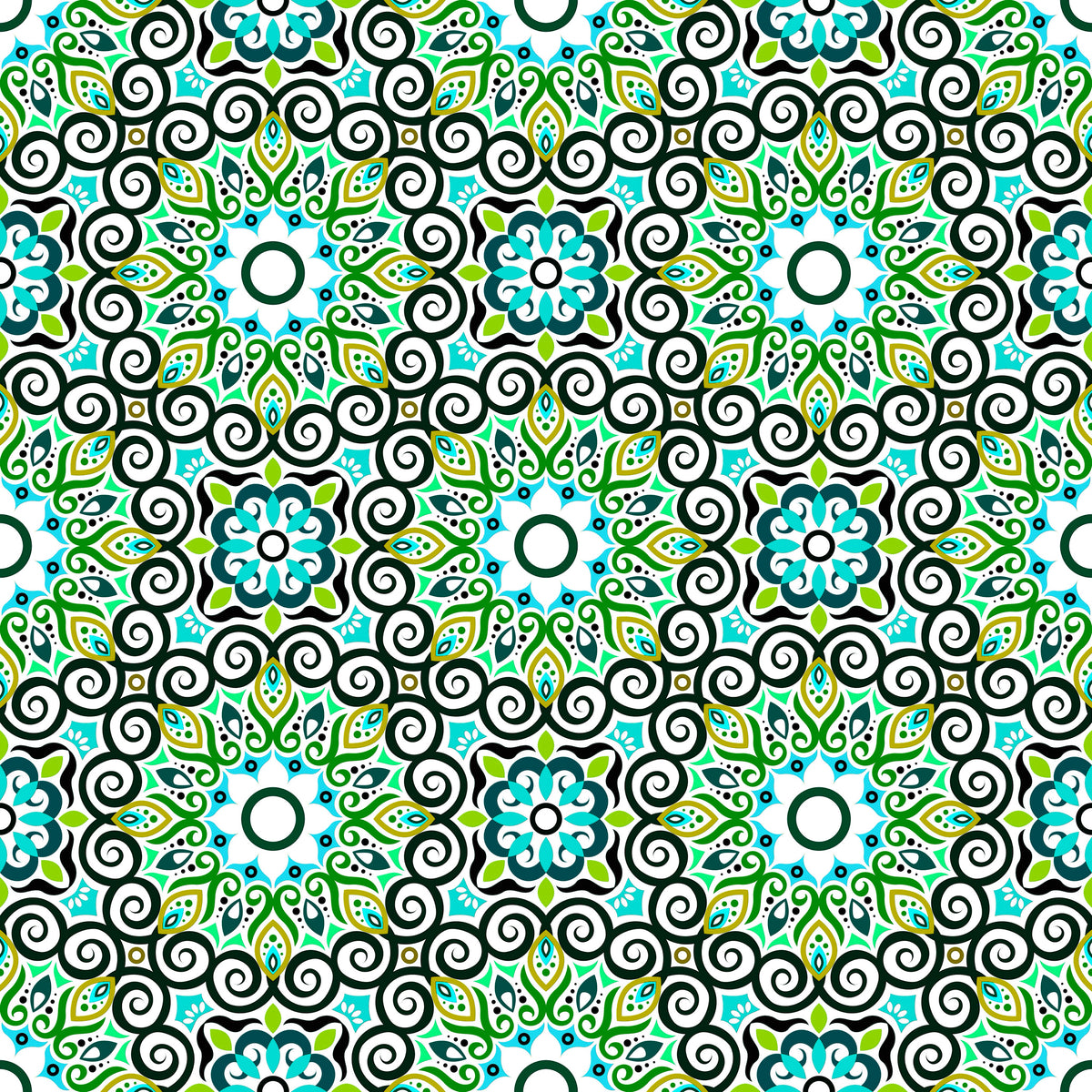 Green - Turquoise - Blue Mandala Fabric - 125i