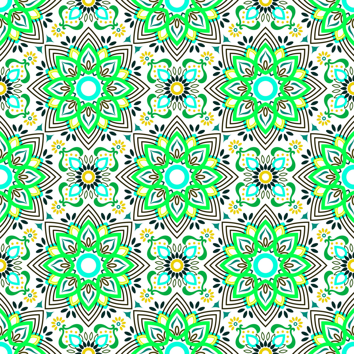 Green - Yellow - Turquoise Mandala Fabric - 145i