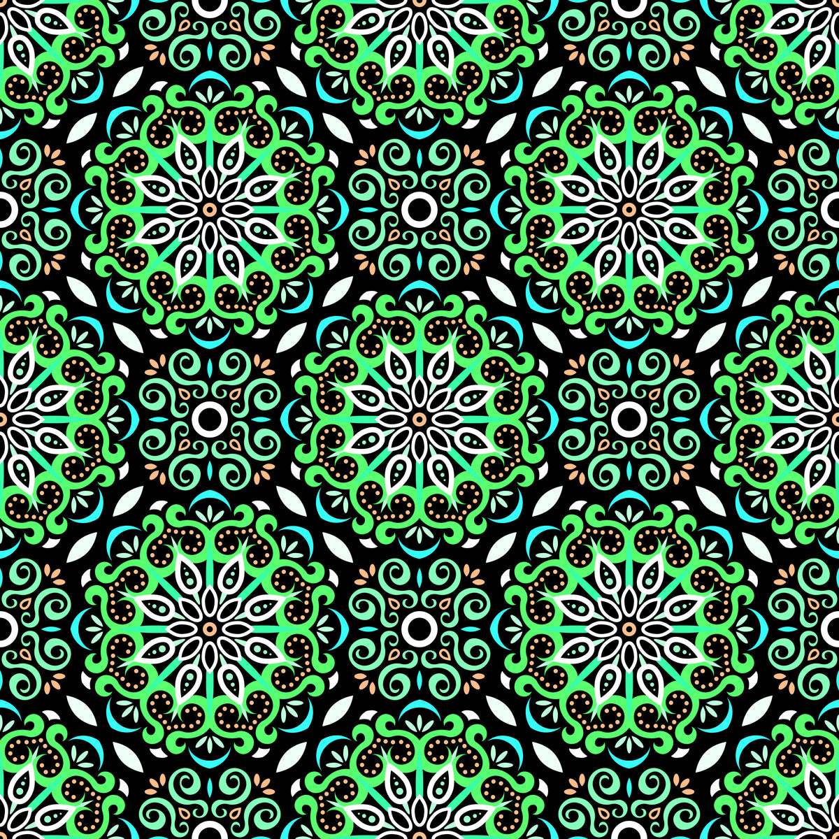 Green - Turquoise - Orange Mandala Fabric - 165
