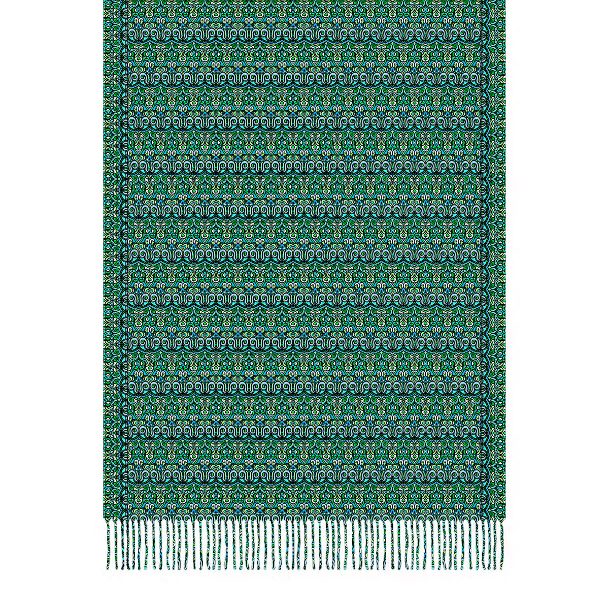 Turquoise - Green - Blue Abstract Doodle Scarf with Tassels