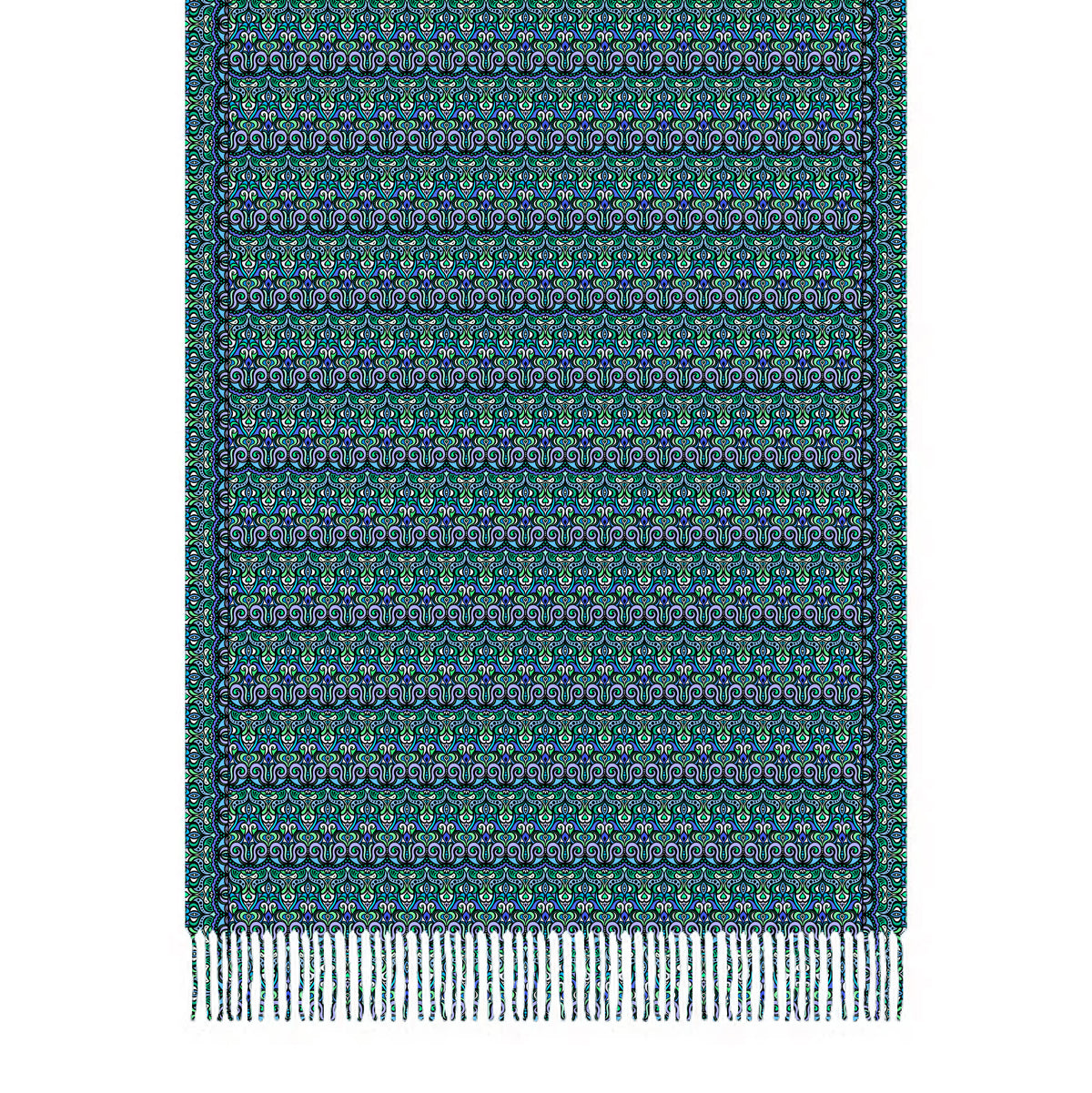 Turquoise - Green - Blue Abstract Doodle Scarf with Tassels