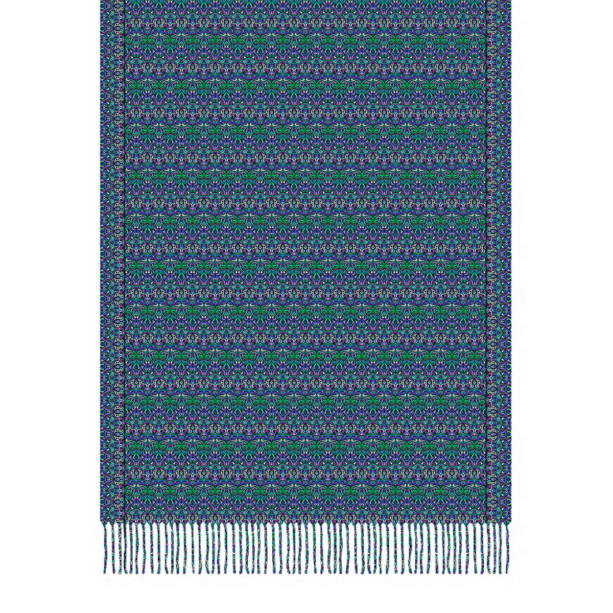 Turquoise - Green - Purple Abstract Doodle Scarf with Tassels
