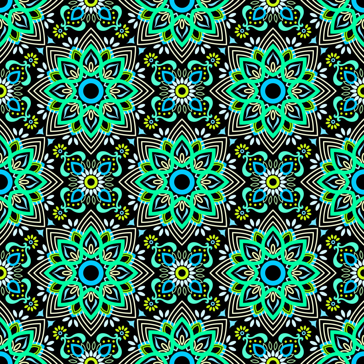 Turquoise - Green - Blue Mandala Fabric - 145