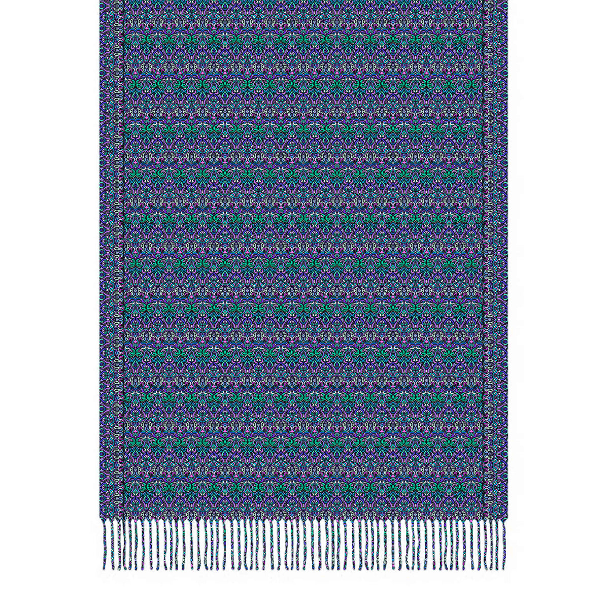 Turquoise - Purple - Blue Abstract Doodle Scarf with Tassels