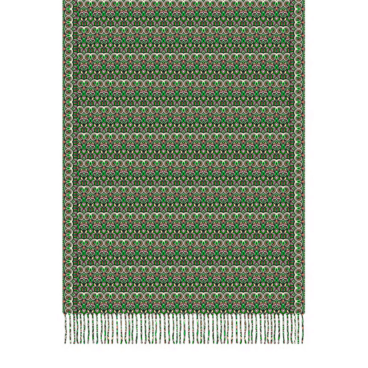 Green - Orange Abstract Doodle Scarf with Tassels