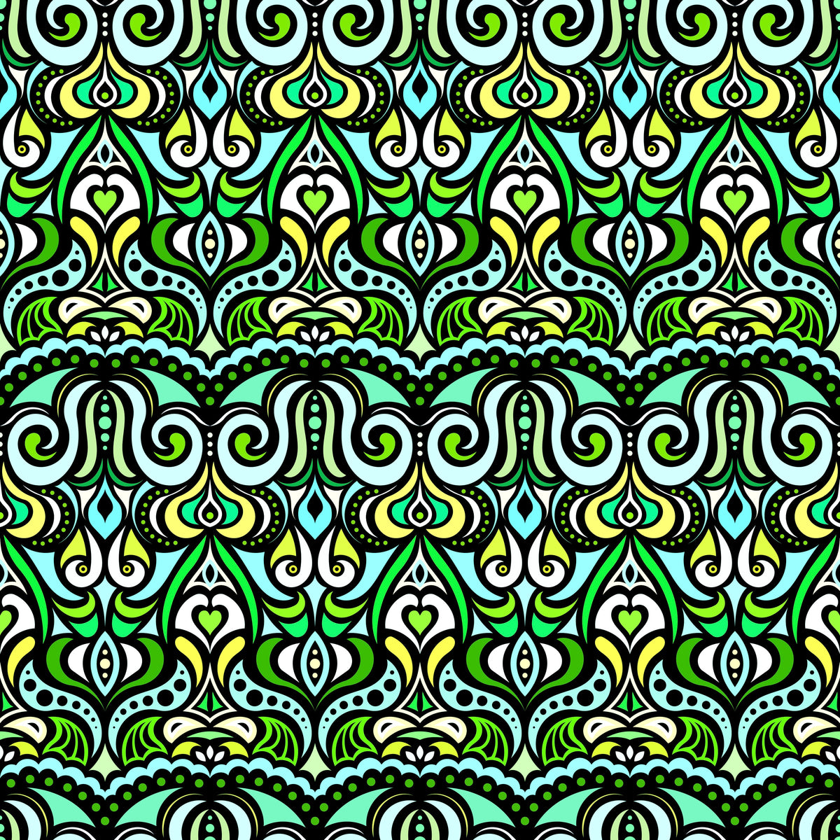 Green - Turquoise - Yellow Abstract Doodle Fabric 1010.2