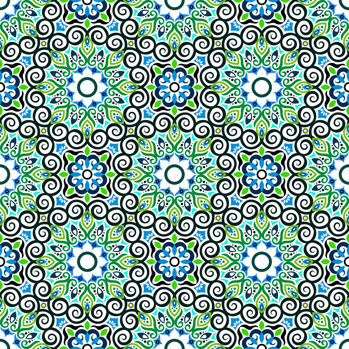 Green - Turquoise - Blue Mandala Fabric - 125i