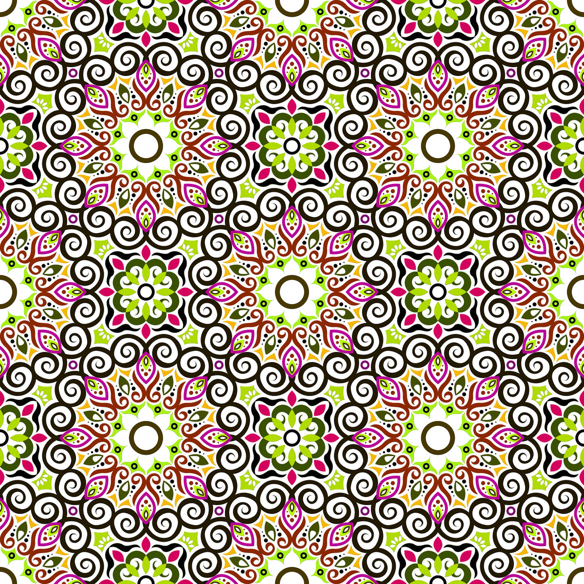 Green - Pink - Brown Mandala Fabric - 125i