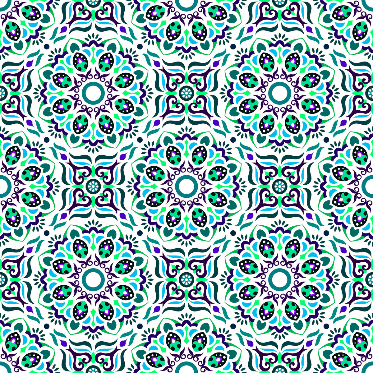 Turquoise - Blue - Purple Mandala Fabric - 186i