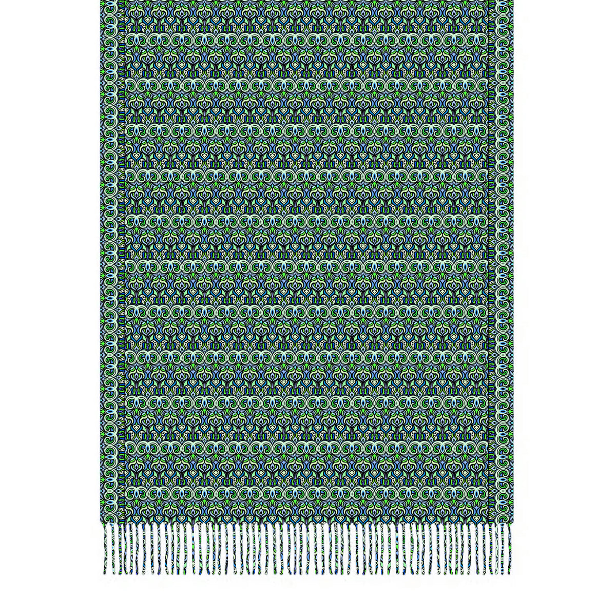 Green - Turquoise - Blue Abstract Doodle Scarf with Tassels