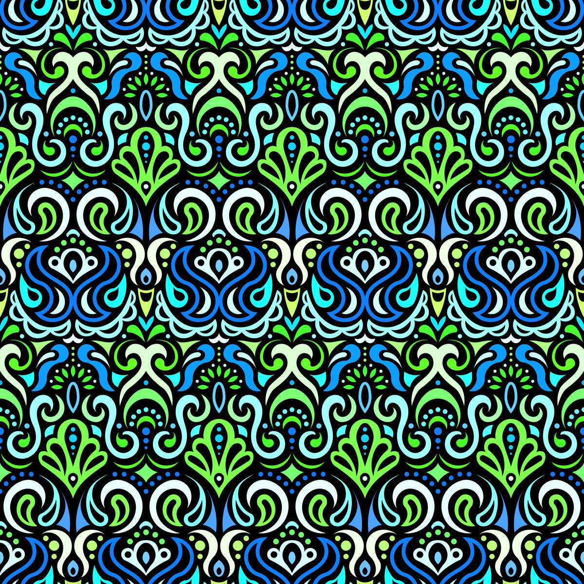 Green - Turquoise - Blue Abstract Doodle Fabric 1002