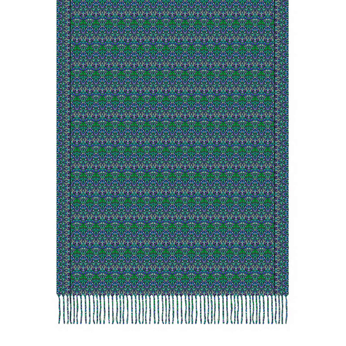 Turquoise - Green - Blue Abstract Doodle Scarf with Tassels